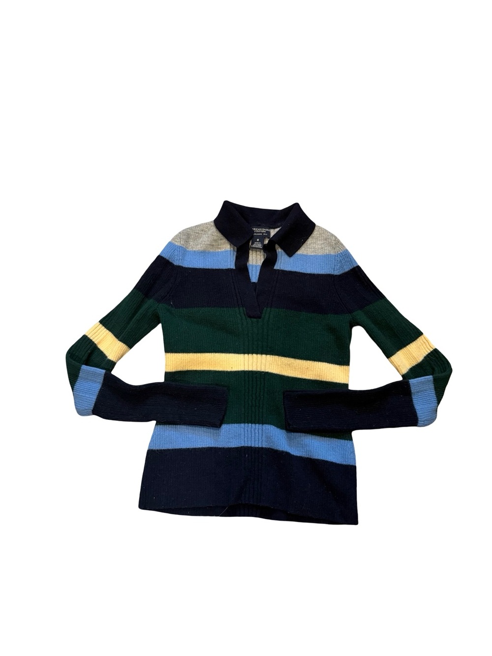 Y2K American eagle wool Striped Rib-Knit Polo Sweater in Navy, Green & Yellow